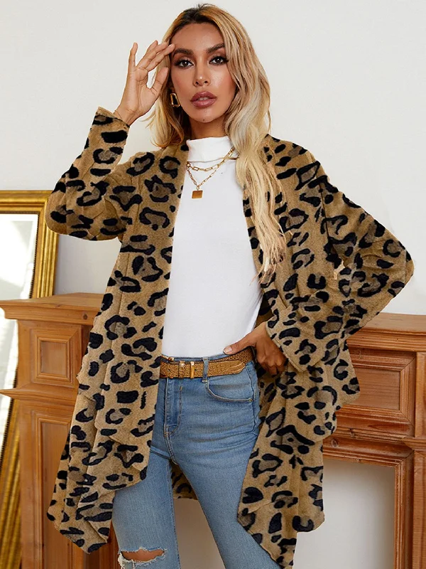 Leopard Long Sleeve Open Front Cardigan Collared Crew Neck Turtle Neck