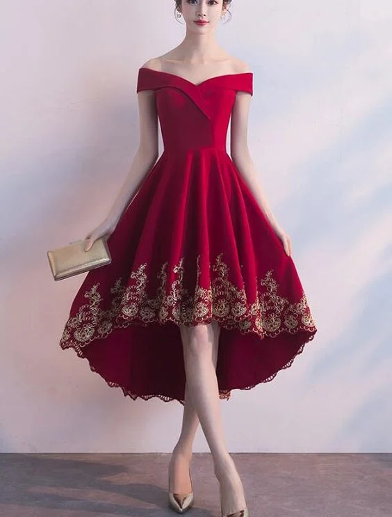 Wine Red High Low Party Dress with Gold Applique, Stylish Formal Dress, Cute Party Dress Tunics Summer linen