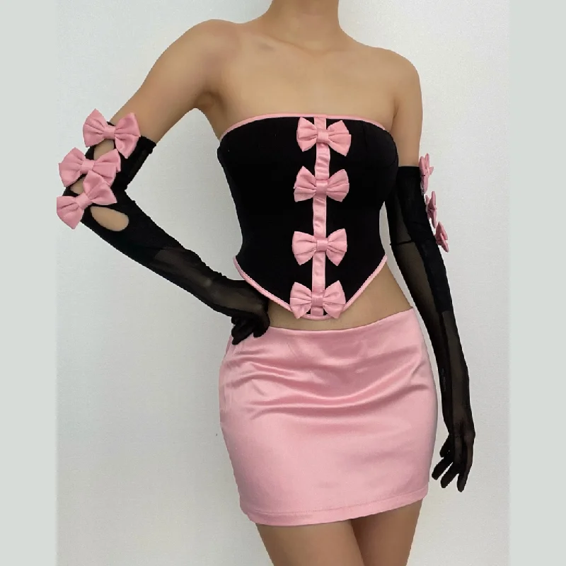 BerryBetty - Mesh contrast bowknot gloves lace up tube backless mini skirt set pencil skirt chic