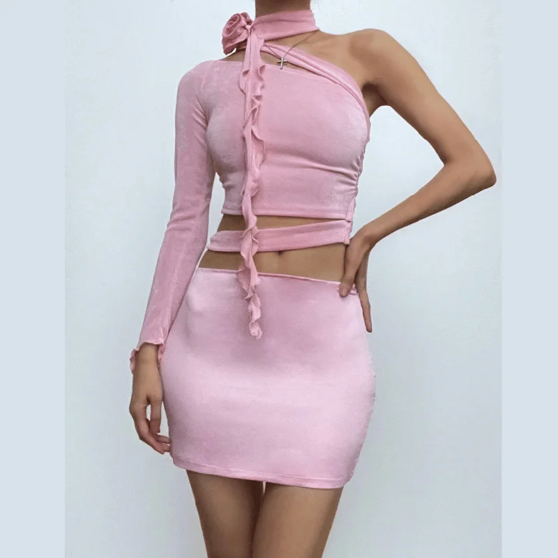 BerryBetty - Solid irregular flower applique hollow out zip-up mini skirt set ruffled skirt detail