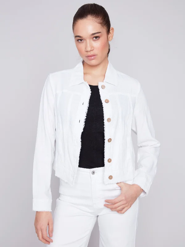 Linen Blend Jacket - White Notch Collar Peter Pan Collar Cowl Neck