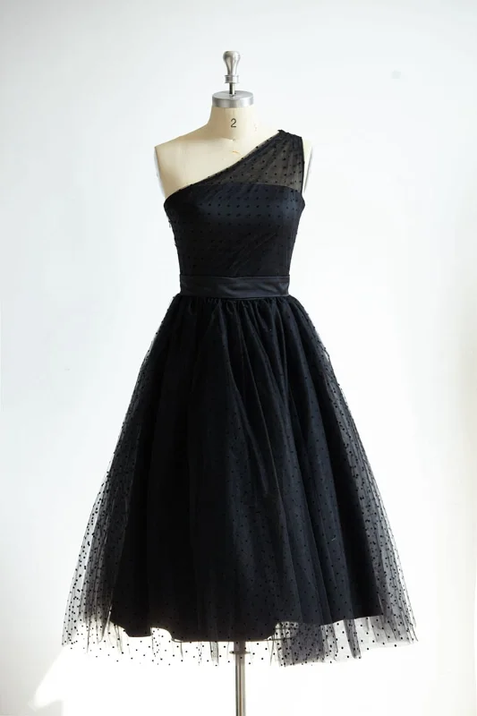 One Shoulder Black Polk Dot Tulle Short Tea Length Prom Party Dress Tunics Velvet soft