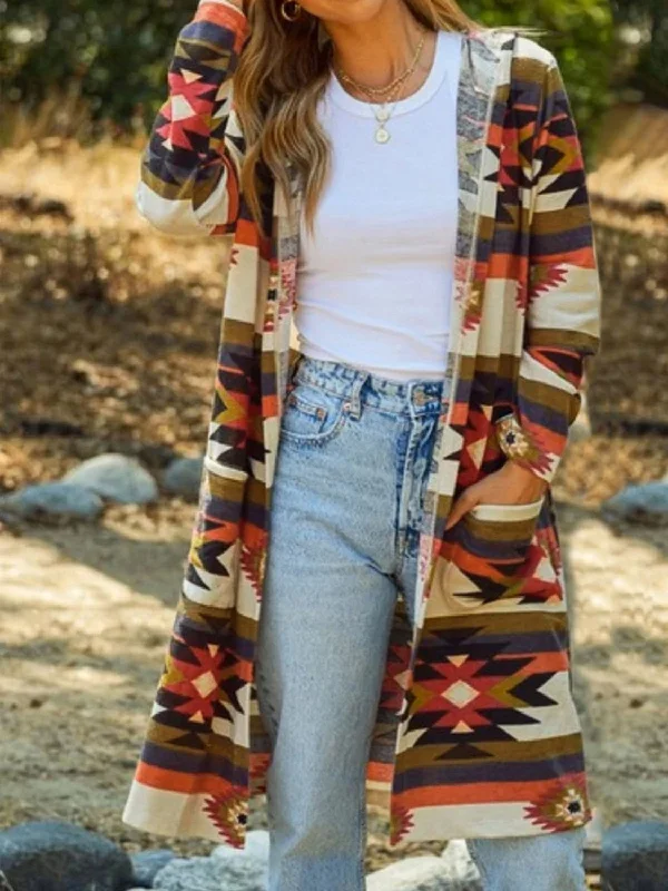 Geometric Hooded Cardigan with Pockets Satin Fabric Silk Fabric Chiffon Fabric
