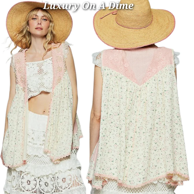 POL Lace Pearl Embroidered Patchwork Boho Vest Gauze Raw Hem Sleeveless Cardigan Pink Floral Print Jacquard Patchwork