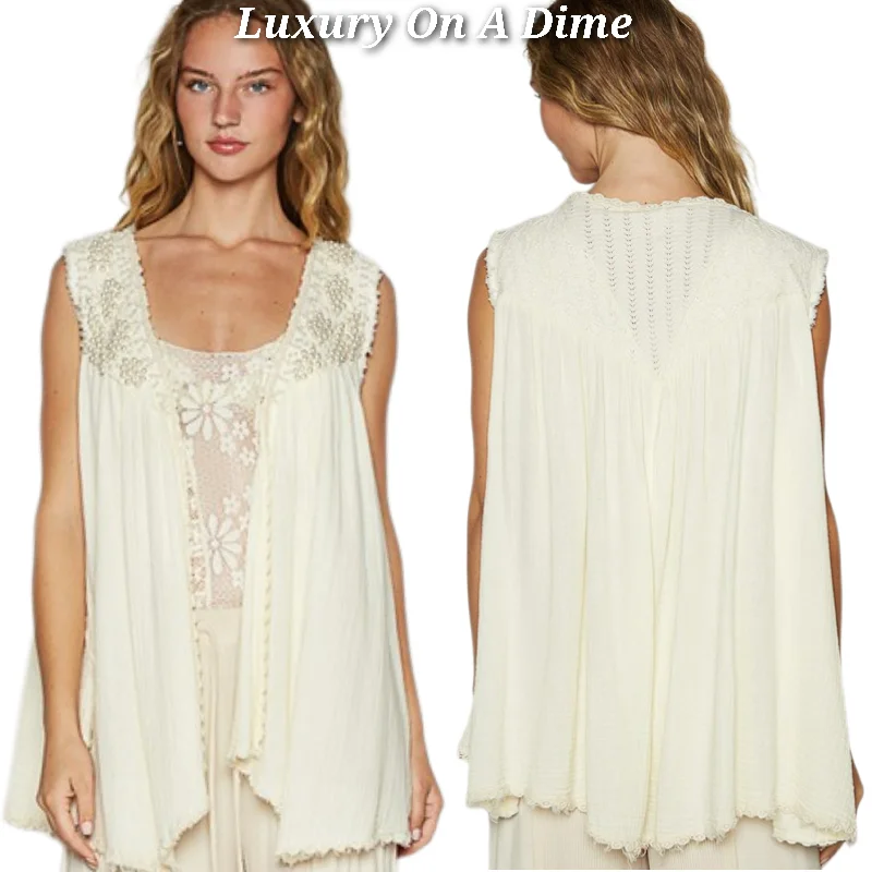 POL Lace Pearl Embroidered Patchwork Boho Vest Gauze Raw Hem Sleeveless Cardigan Polka Dot Checkered Tartan