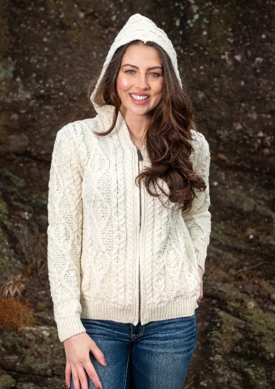 IrelandsEye Women's Aran Hooded Cardigan | Natural Glossy Satin Silk