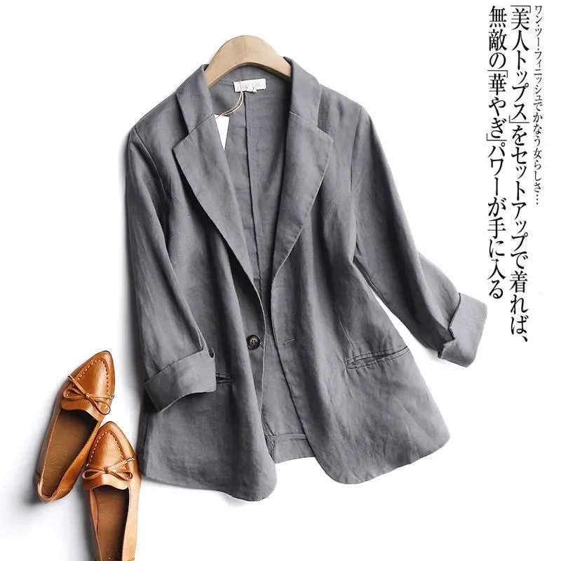 Thin Cotton Linen Small Suit Jacket Female Plus Size 2023 Spring Summer Korean Elegant Simple 3/4 Sleeve Casual Suit coat Wool Jacket Cashmere Jacket Tweed Jacket