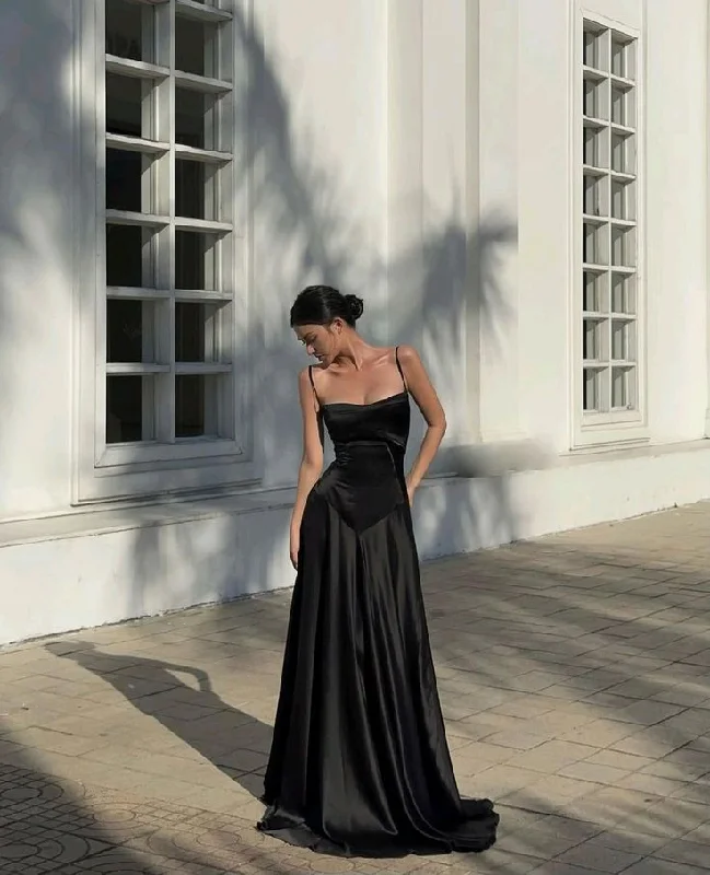 Black Spaghetti Straps A-Line Satin Elegant Long Party Dress,DP1994 Tunics Summer linen