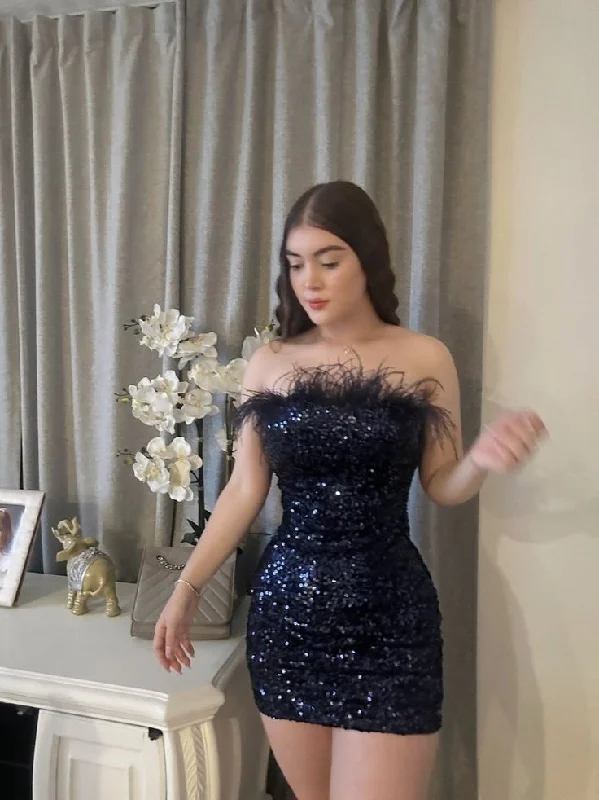 Black Strapless Sequined Short Party Dress Mini Homecoming Dress, DP2845 Lace Sexy Club
