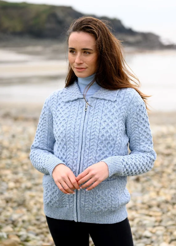 Aran Full Zip Cardigan | Sky Blue Striped Floral Plaid