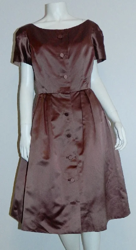 1950s silk satin party dress vintage Mildred Davis mauve 50s shirtwaist frock sweetheart Neckline Romantic