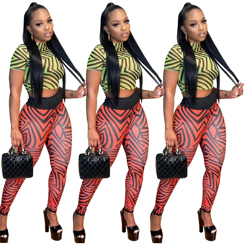 J&H 2023 new arrivals crop top leggings women short sleeve 2 piece pants set sexy slim fit printed summer outfits club wear Casual Lounge Pants
