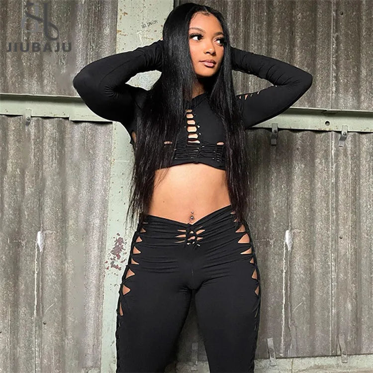2022 Fashion Solid Long Sleeves Cut Out Crop Top Pants 2 Pcs Matching Set Fall Irregular Sexy Y2K Outfits Women Soft Sweatpants Style