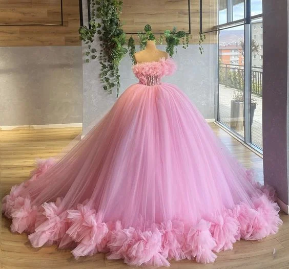 Tiered Ruffles Ball Gown Women Light Pink Tulle Party Dress Elegant Long Prom Dress Sweet 16 Dress Tunics Hiking breathable