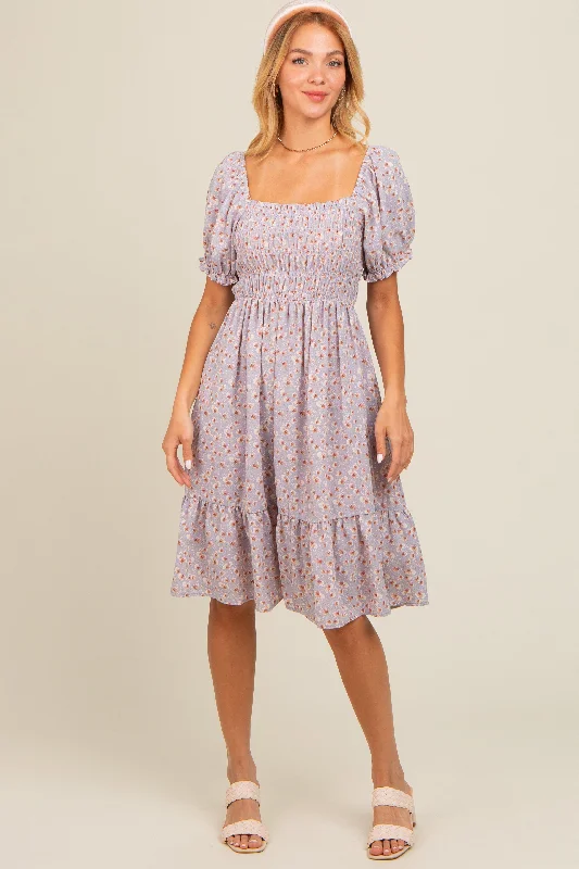 Lavender Floral Smocked Dress Tunics Evening elegant
