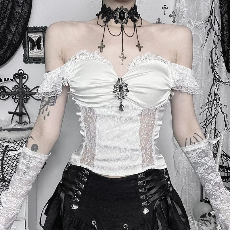 Women's Gothic Lace Off Shoulder Tank Top White ribbed tank top