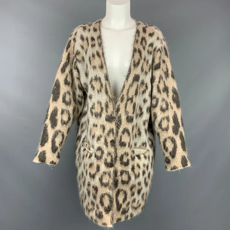 LOEWE Size XS Taupe Mohair Blend Leopard Print Long Cardigan Bright Pastel Dark