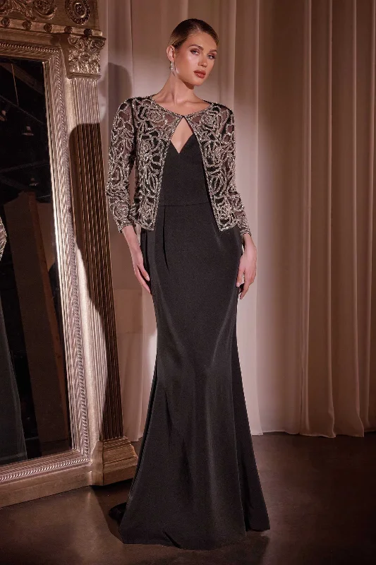 Ladivine J881 Long Fit and Flare Crepe Gown With Removable Jacket Chenille Fabric Brocade Fabric Lace Fabric