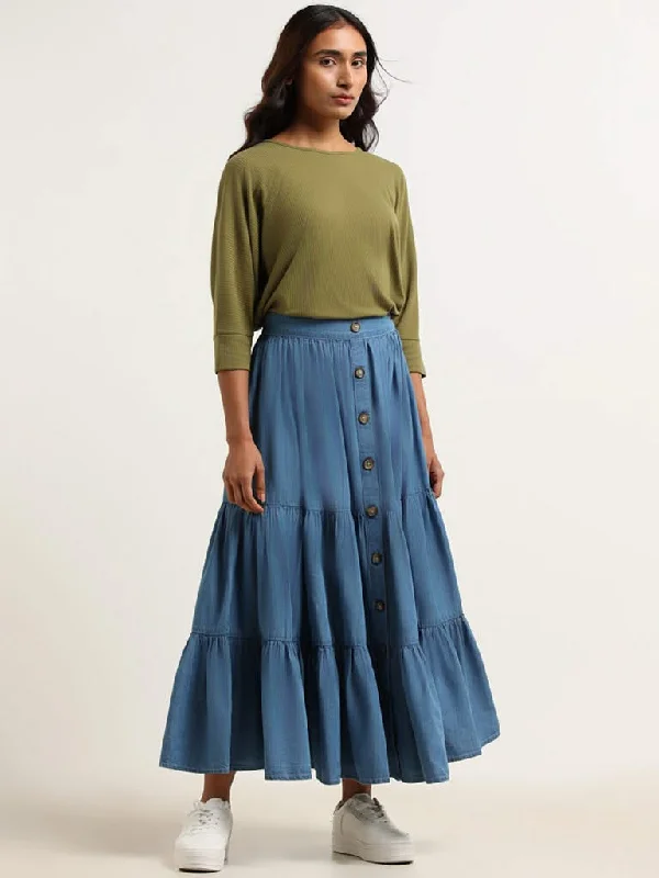 LOV Blue Solid Tiered Skirt linen skirt relaxed