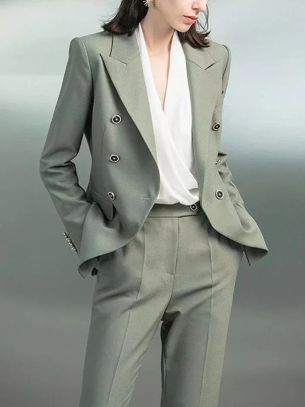 Grey 2 Piece Double Breasted Peak Lapel Women's Suit (Blazer+Pants) Chic Black Leggings