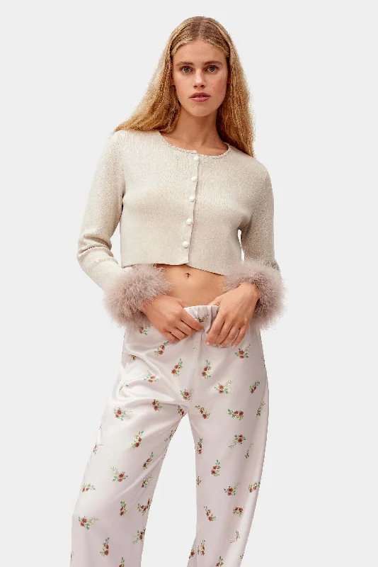 Knitted Cardigan with Detachable Feathers in Beige Elasticated Padded Insulated