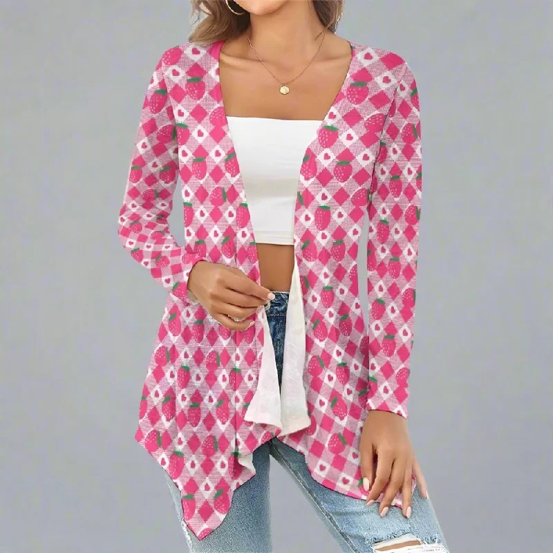 Womens Strawberry Pattern Knitted Cardigan Toggled Drawstring Belted