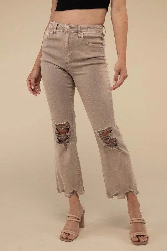 ZENANA Acid Washed High Waist Distressed Straight Pants Soft Wool Pants