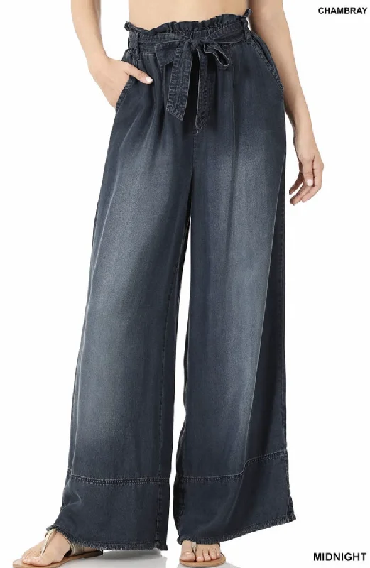 Chambray Paperbag Waist Belted Wide Leg Pants Stylish Casual Pants