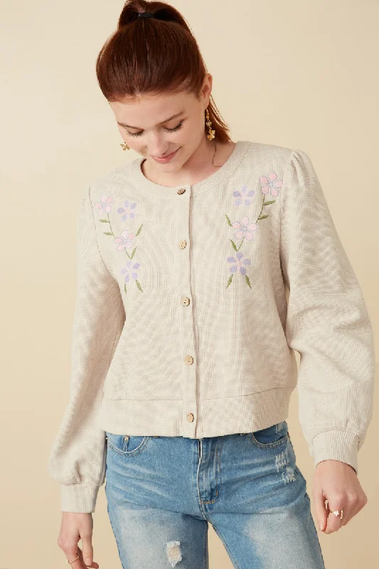 Floral Embroidered Textured Knit Cardigan Elasticated Padded Insulated