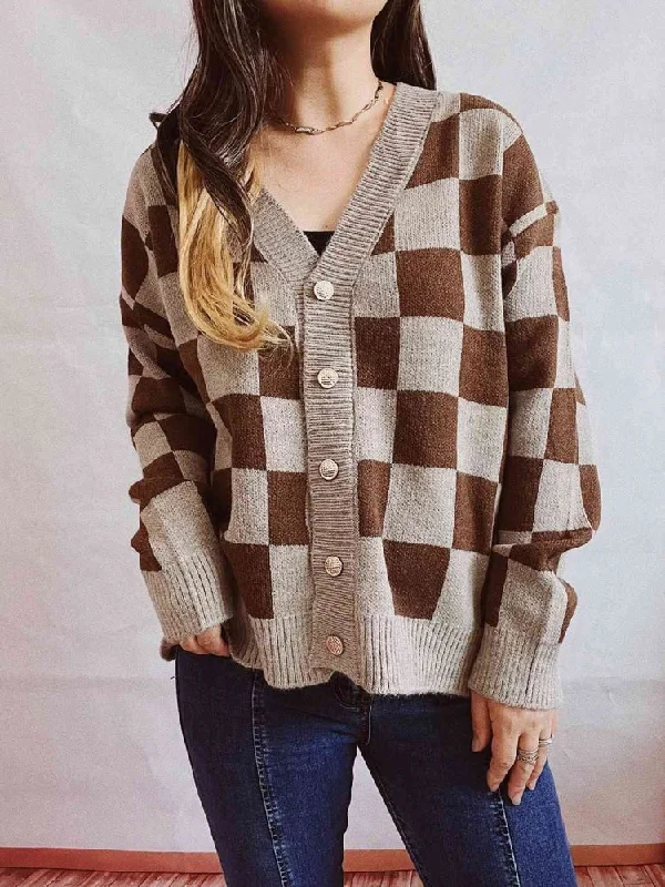 Retro Checkered Button Up Knit  Cardigan Beaded Cardigan Sequined Faux Fur