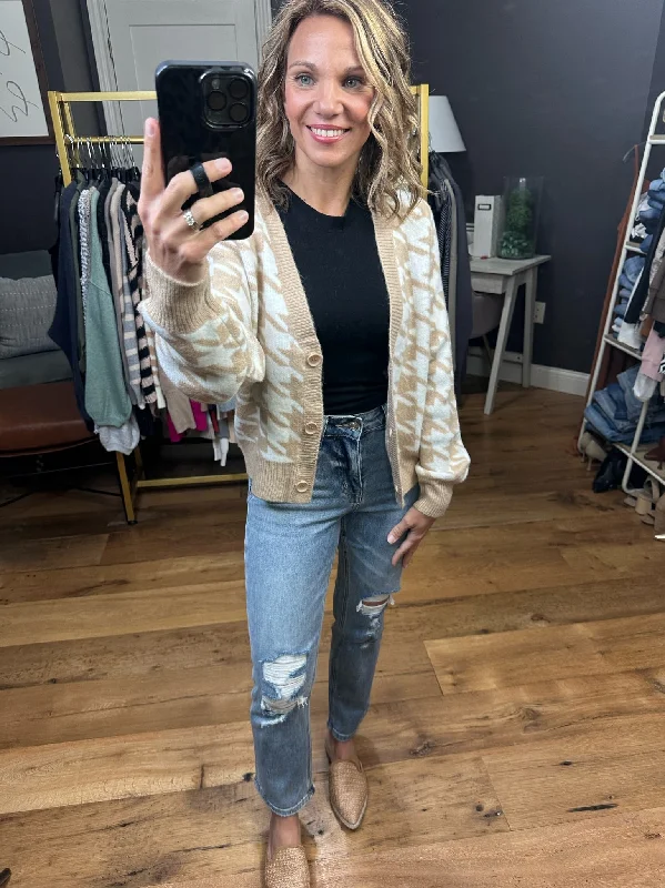 Take A Look Houndstooth Cropped Cardigan - Cream Spandex Blend Rayon Blend Denim Blend