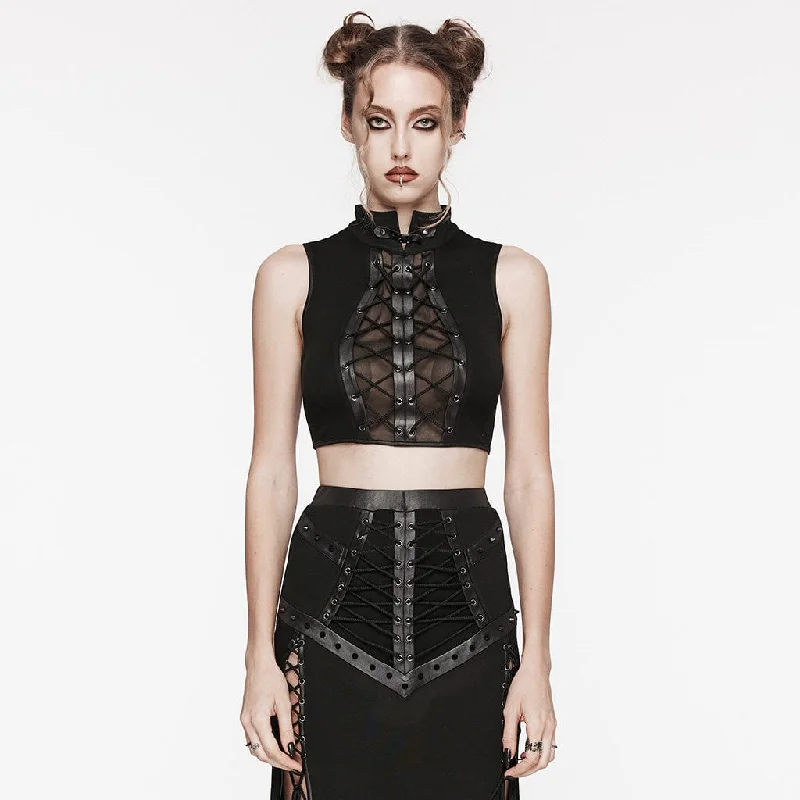 Women's Punk Stand Collar Mesh Splice Strappy Tank Top Black playful tank top