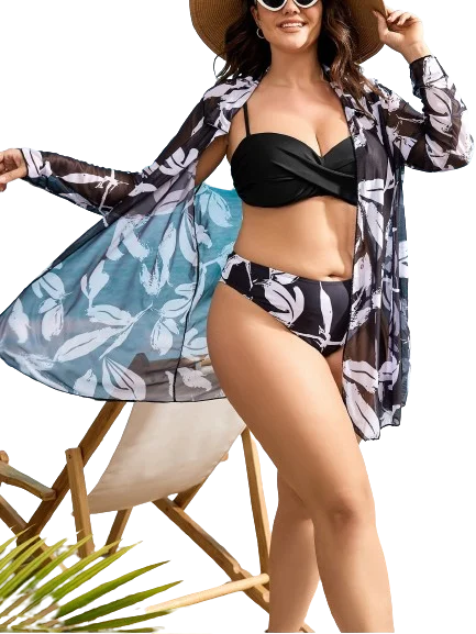 Plus Graphic Print Push Up Bikini Swimsuit Black Vintage Swimwear Look